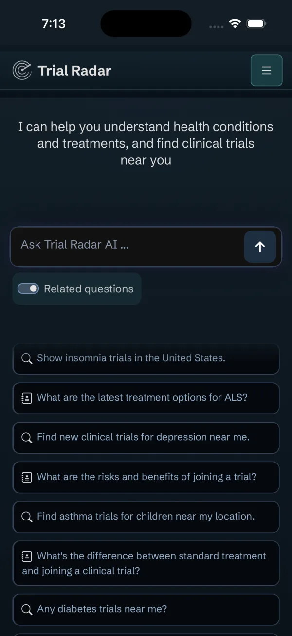 Clinical Trial Radar iPhone app home screen in dark mode: the Ask Trial Radar AI box above suggested questions about clinical trials