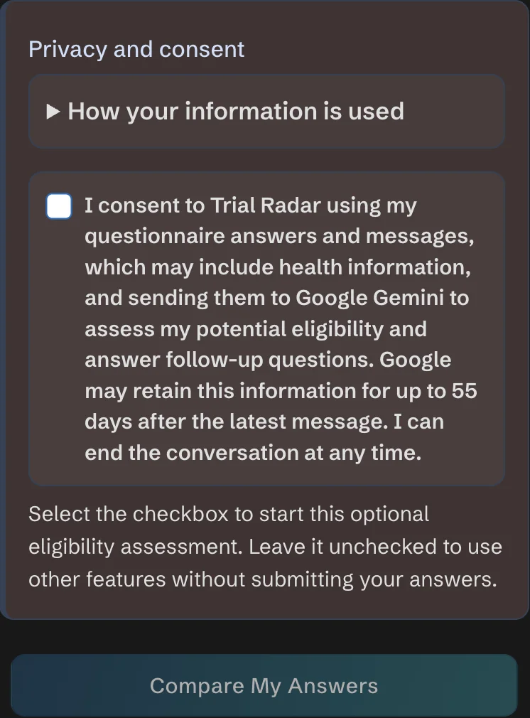 Unchecked consent names Google Gemini, the retention window, and the option to end; Compare My Answers is disabled