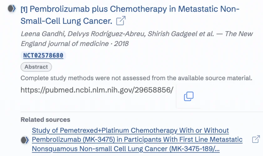 A PubMed reference is labeled Abstract, describes its evidence limits, and links to the registry record